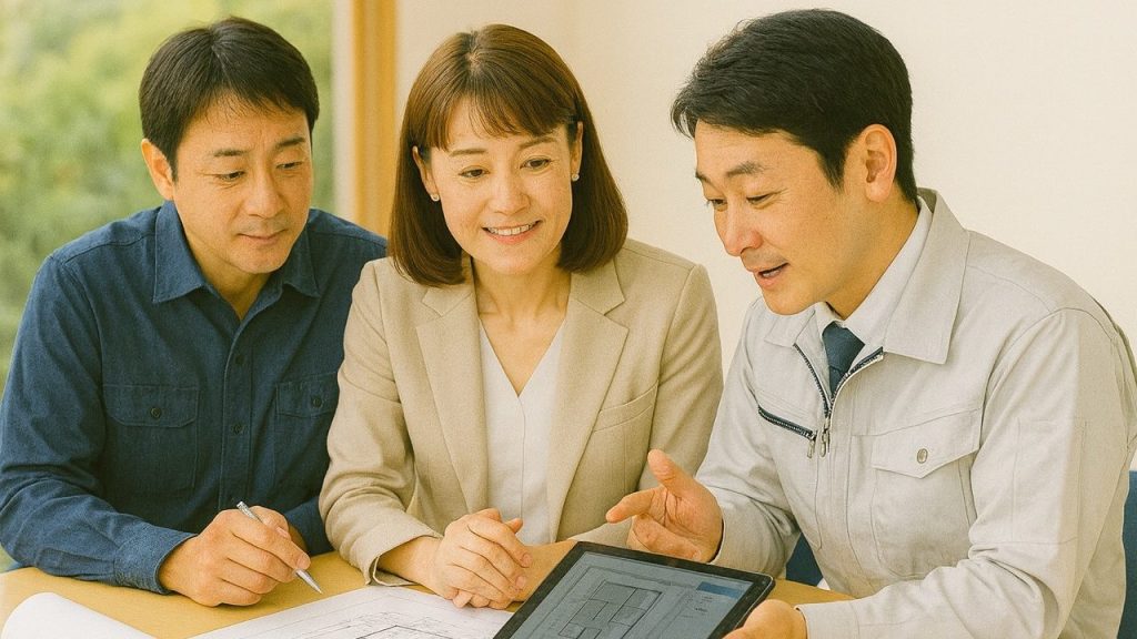 建物調査会社のスタッフが現場で写真報告アプリを使い、調査結果を説明している様子