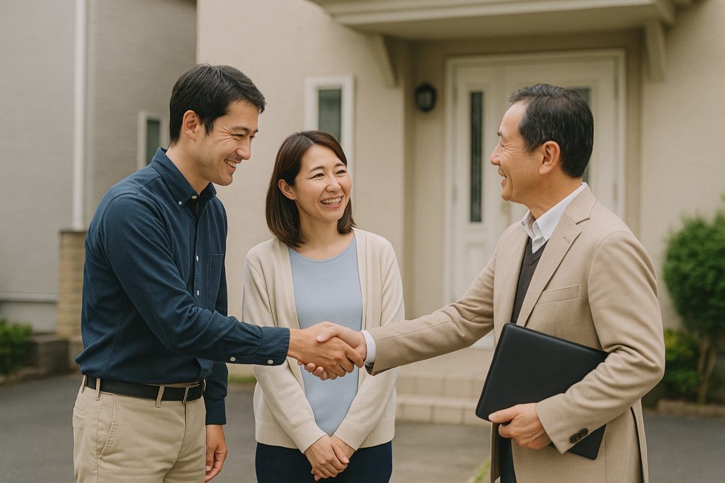 笑顔で握手するインスペクターと顧客(安心感と信頼の表情)