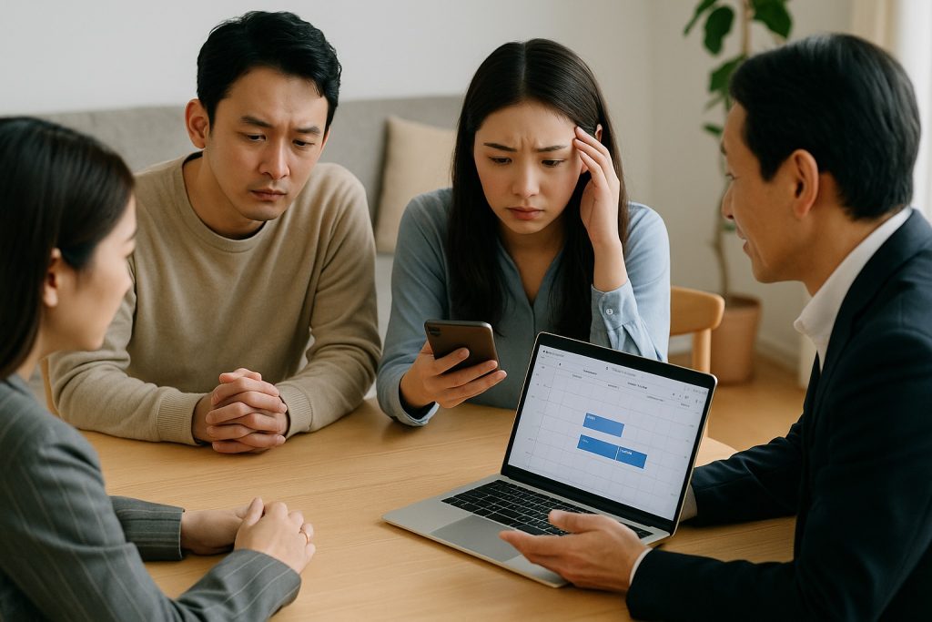 インスペクションの日程調整が難しく悩む顧客と、限られた候補を示す関係者たち