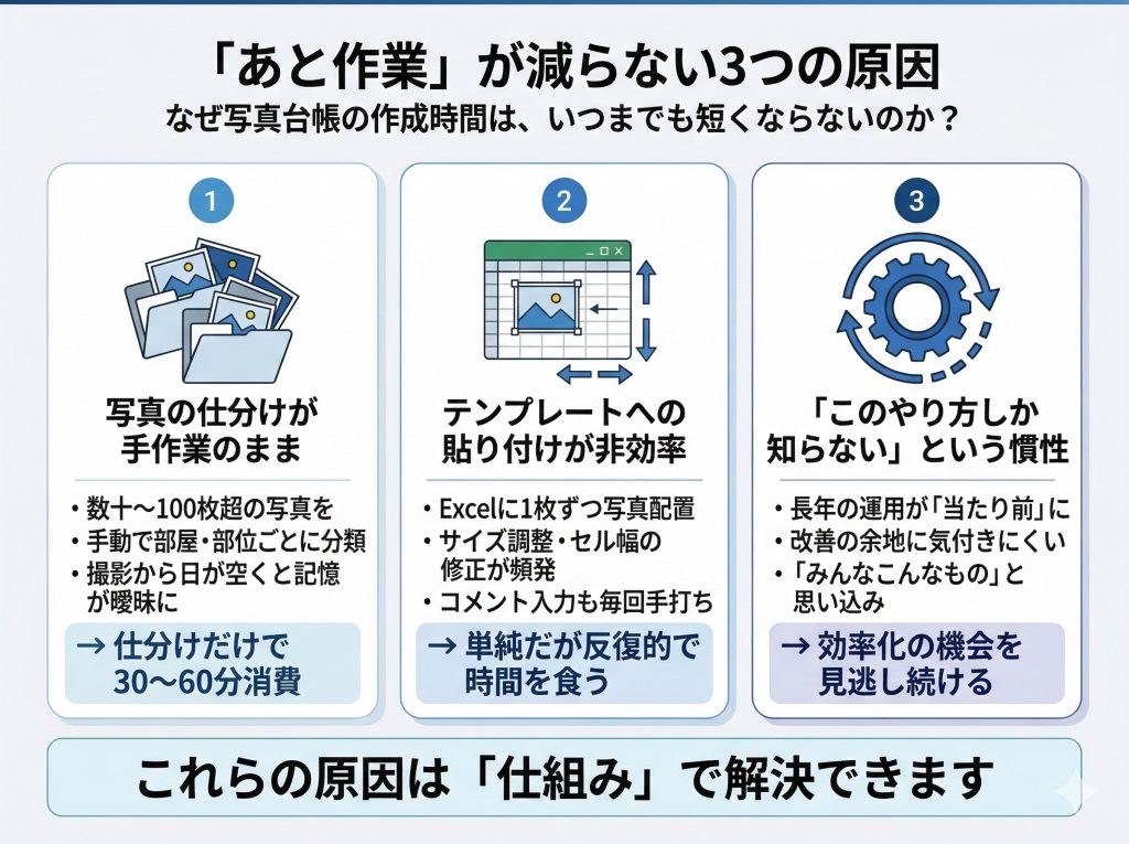 写真台帳のあと作業が減らない3つの原因：手作業の仕分け、非効率な貼り付け、慣れによる慣性
