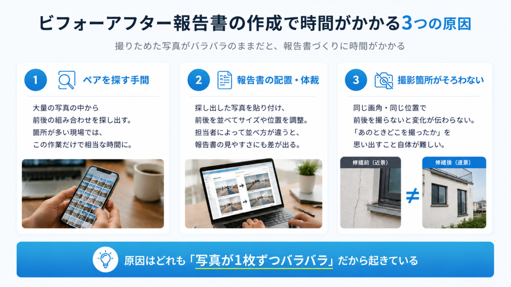 ビフォーアフター報告書の作成で時間がかかる3つの原因（ペアを探す手間・報告書の配置体裁・撮影箇所のズレ）を整理した図