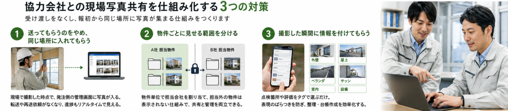 協力会社との現場写真共有を仕組み化する3つの対策を示した図